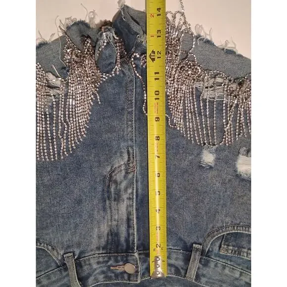 Windsor Rhinestone Fringe Denim Shorts High Waist Distressed Festival Bling M - Picture 4 of 8
